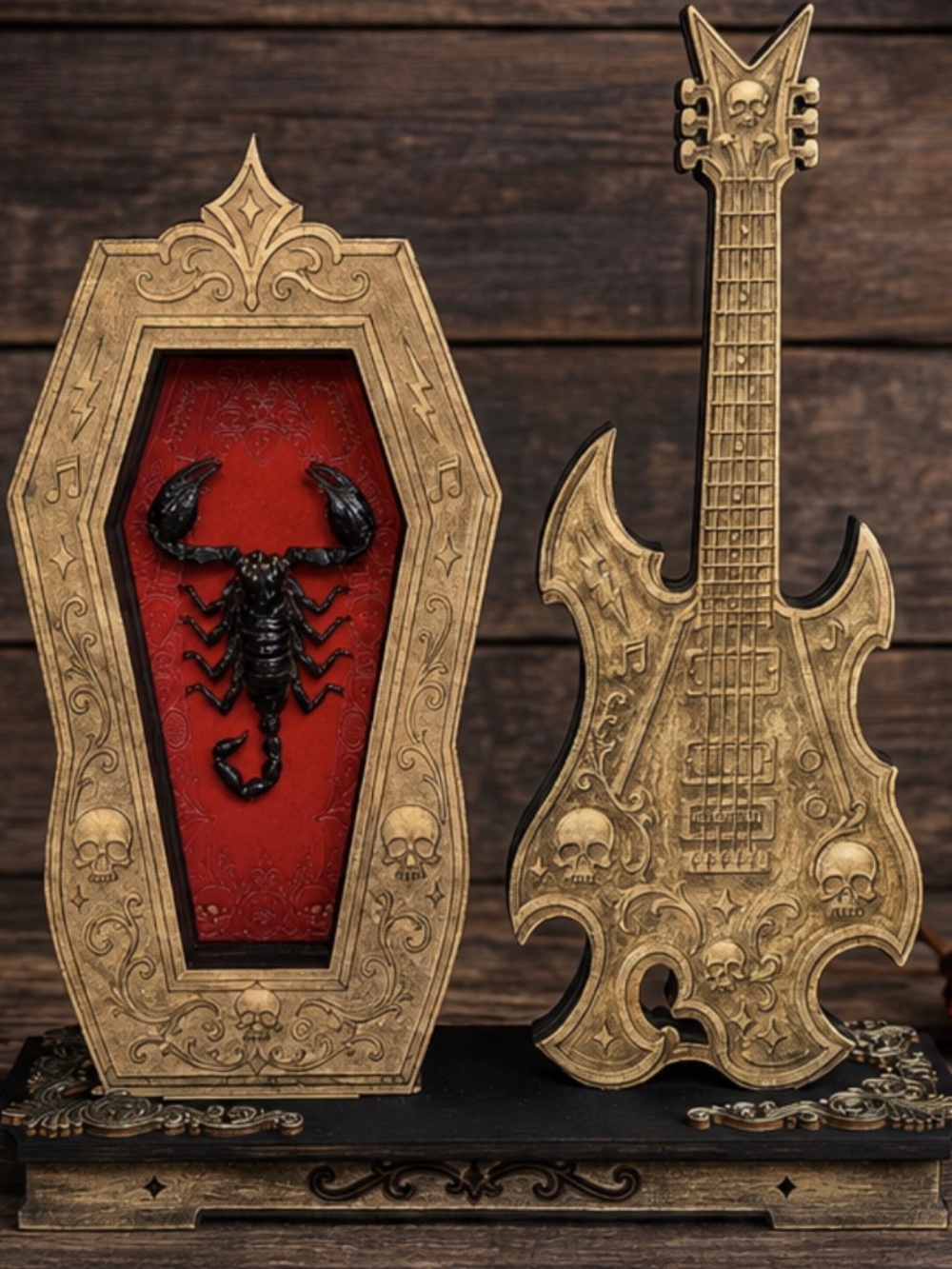 Gothic Guitar Coffin Display with Preserved Scorpion, Freestanding Wood Decor